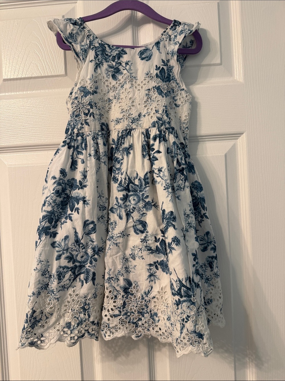 Girls White Dress with Blue Floral Print and Eyelet Trim